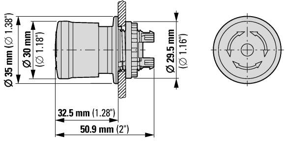 Technische Zeichnung eines runden Druckknopfschalters mit Abmessungen: Ø 35 mm, Tiefe 32,5 mm, Frontansicht Ø 29,5 mm.