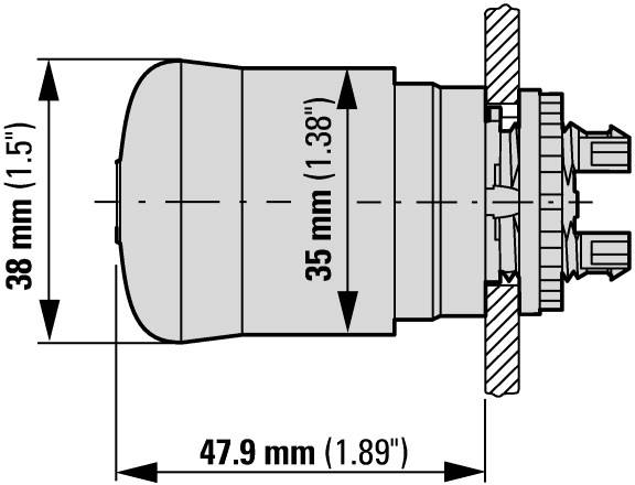 'Seitlicher Schnitt eines zylindrischen Geräts mit Maßen: Höhe 38 mm, Durchmesser 35 mm, Gesamtlänge 47,9 mm, inklusive Schrauben.'