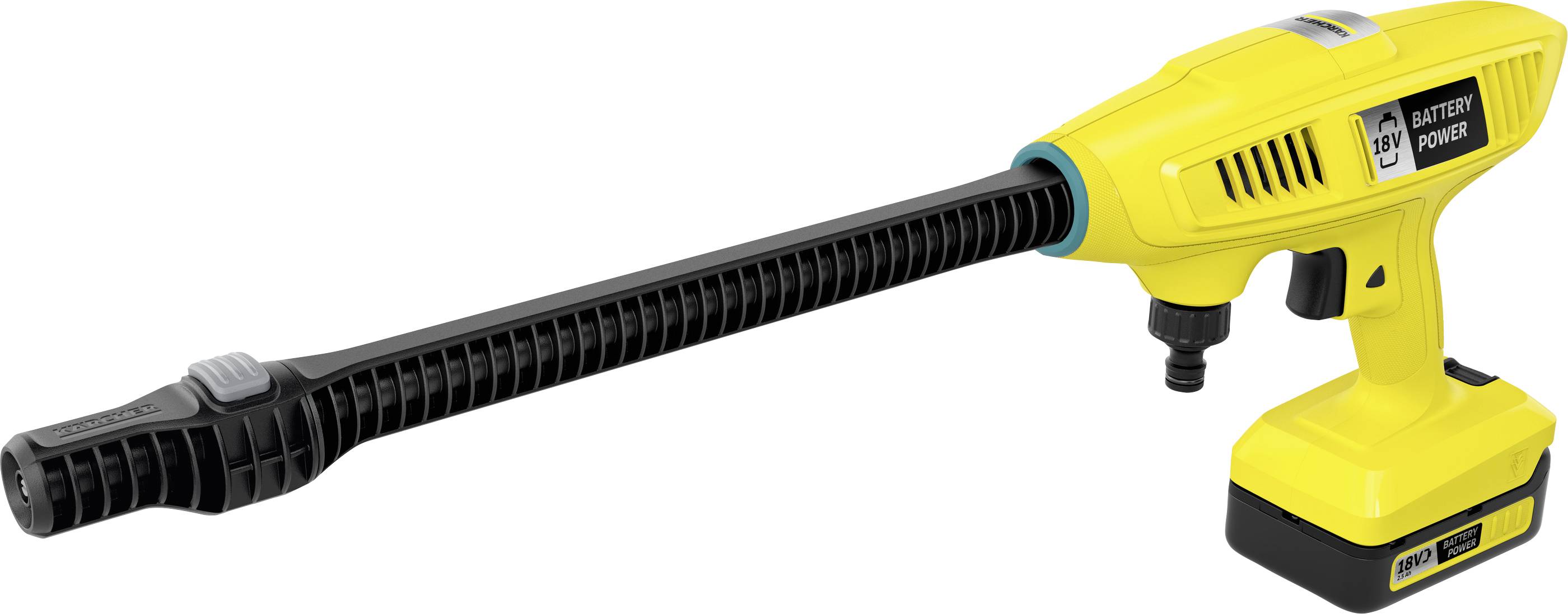 Ein gelber Hochdruckreiniger mit Batteriebetrieb, langem schwarzen Sprührohr und ergonomischem Griff. Ideal für mobile Reinigung.