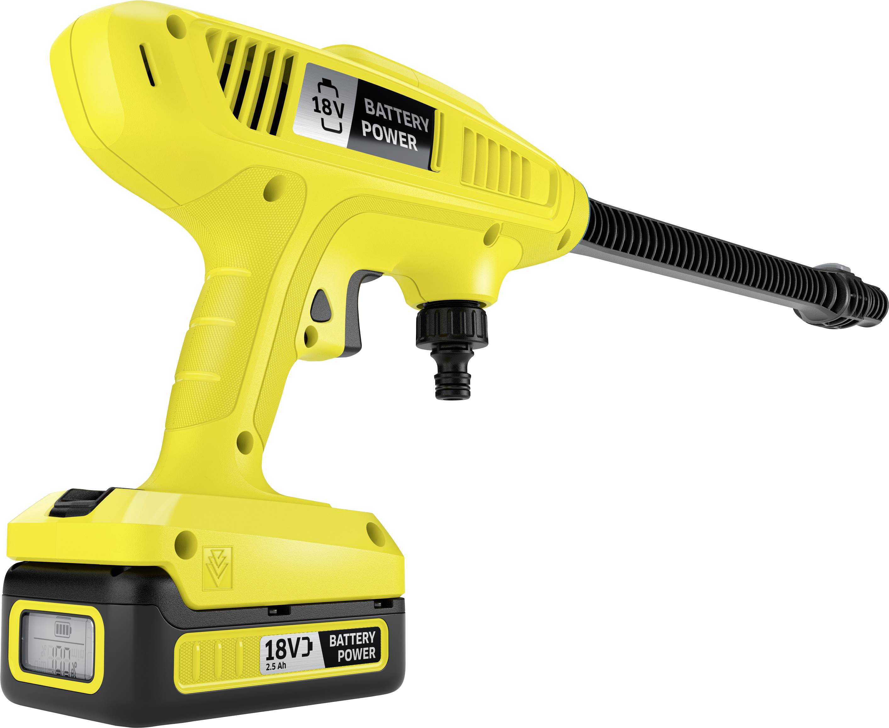 Ein gelber, akkubetriebener Hochdruckreiniger mit einem 18V-Batteriefach. Er ist für die mobile Reinigung konzipiert.