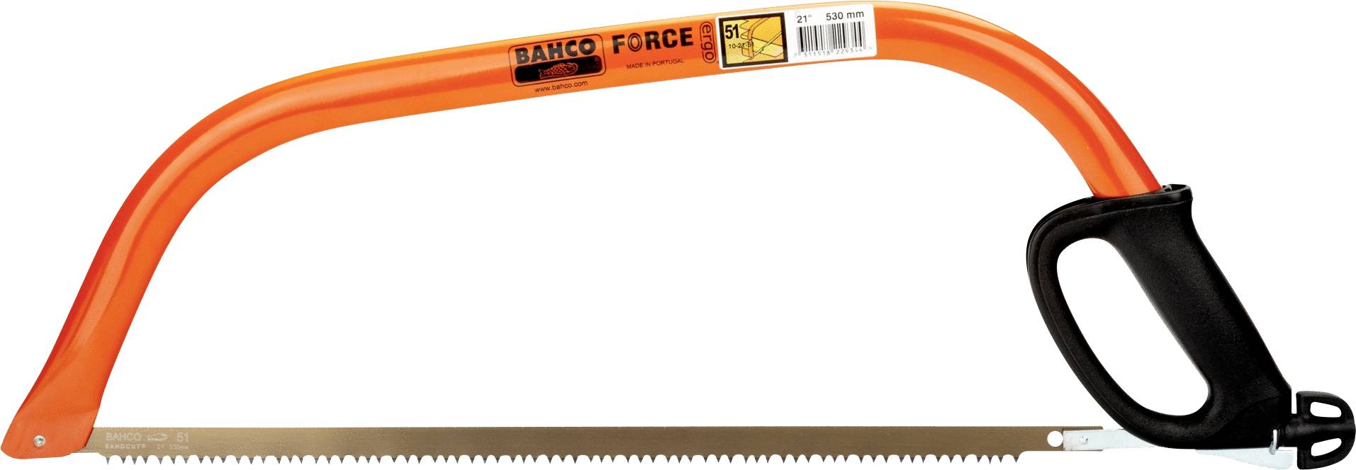 Eine orange Bügelsäge mit schwarzem Griff, gekennzeichnet als 'BAHCO FORCE', liegt horizontal.