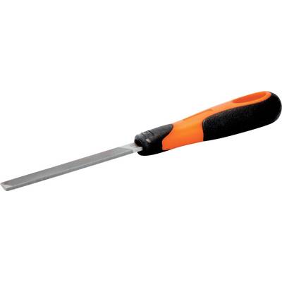 'Flachfeile mit orange-schwarzem Griff, verwendet zum Glätten oder Formen von Metall- und Holzoberflächen.'