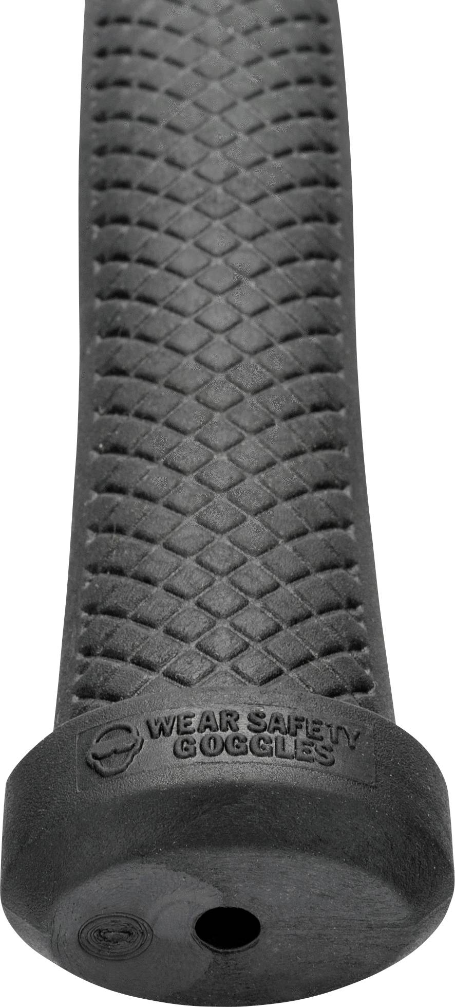 Schwarzer Griff mit rutschfester Musterung und Aufschrift 'WEAR SAFETY GOGGLES'.