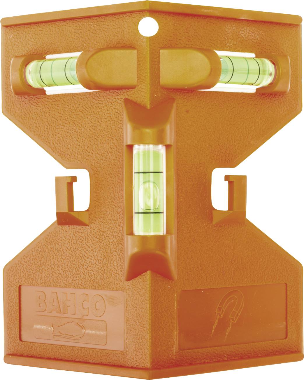 Eine orangefarbene Kreuzwasserwaage mit zwei Libellen auf senkrechten und waagerechten Flächen zur Ausrichtung von Objekten.