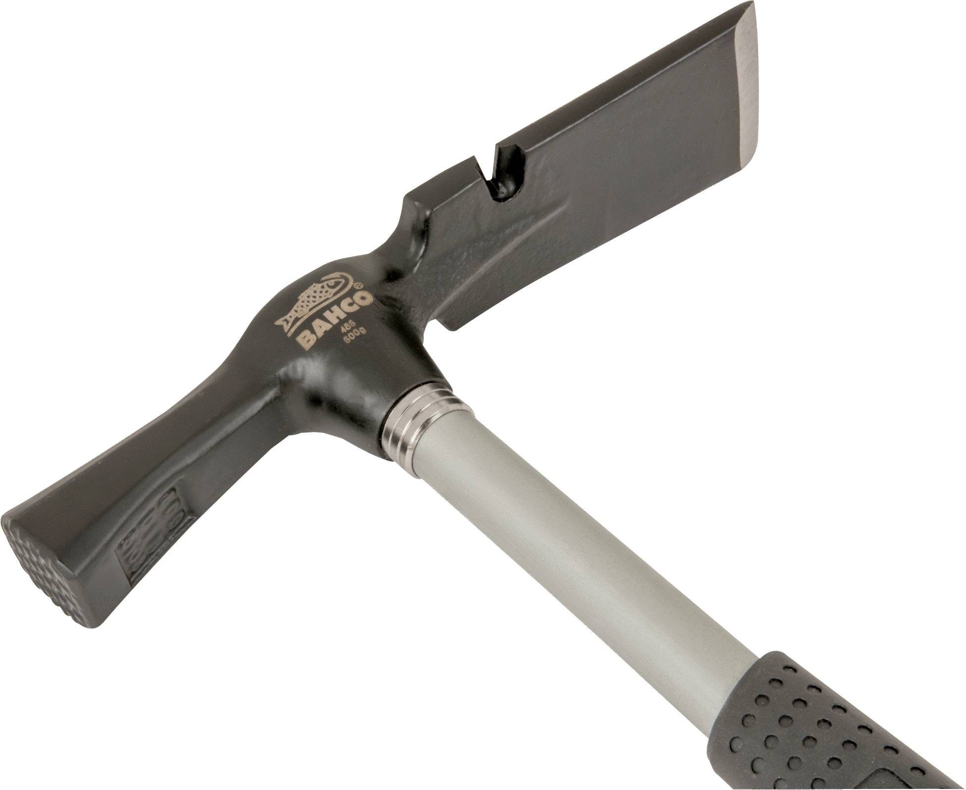 Schwarzer Mauerhammer mit grauem Griff, der für Bauarbeiten verwendet wird.