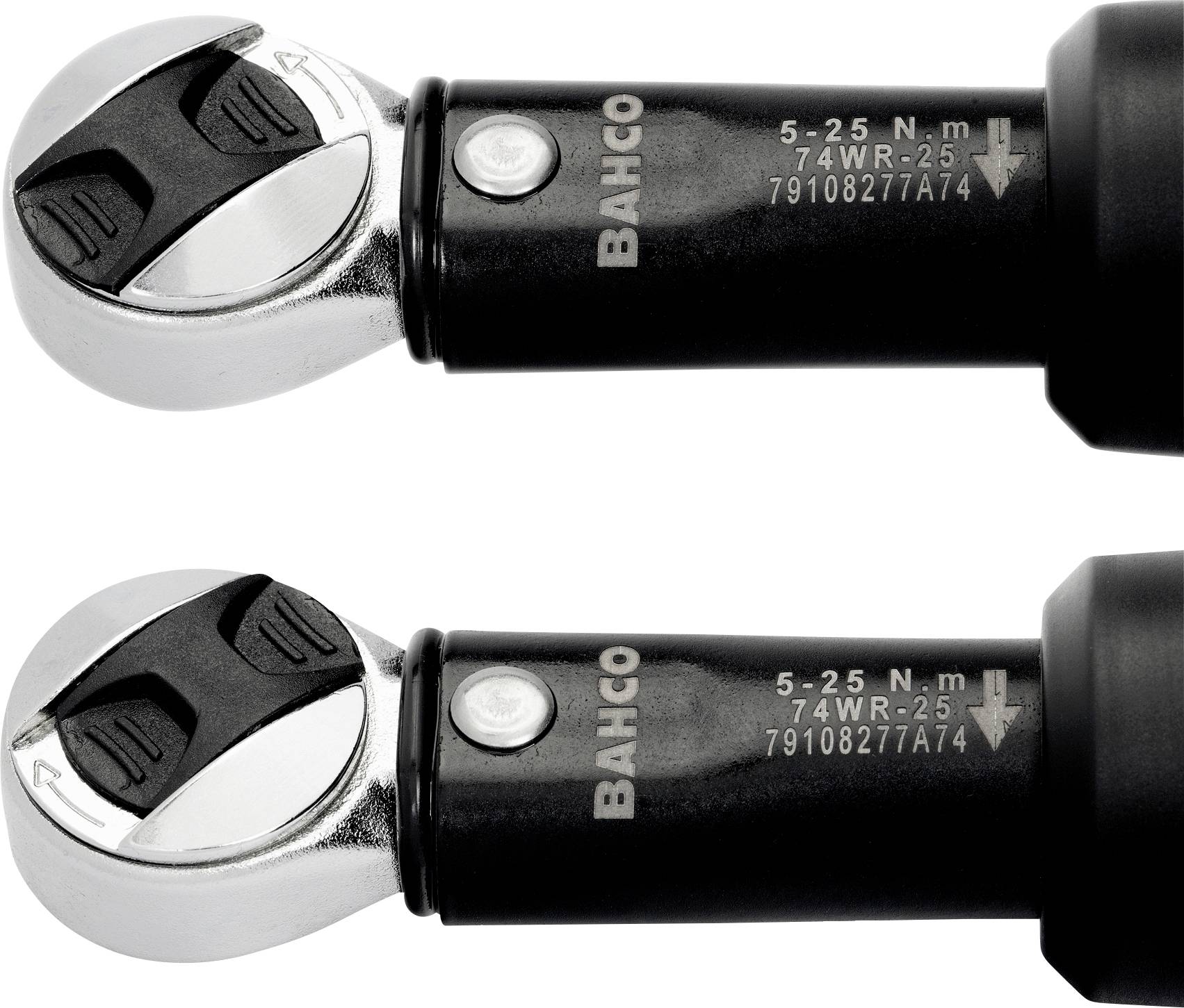 Zwei Drehmomentschlüssel mit schwarzem Griff und silberner Ratsche, Marke Bahco, mit Messbereich 5-25 Nm.