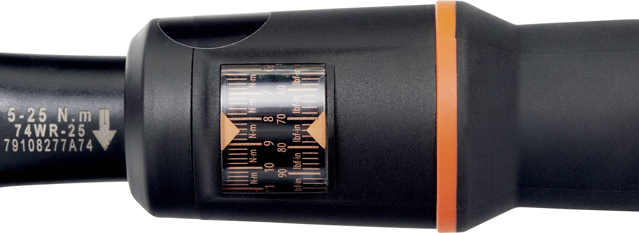 Drehmomentschlüssel mit Skala von 5-25 Nm, schwarze Oberfläche, orangefarbene Markierung, zeigt genaue Messtechnik.
