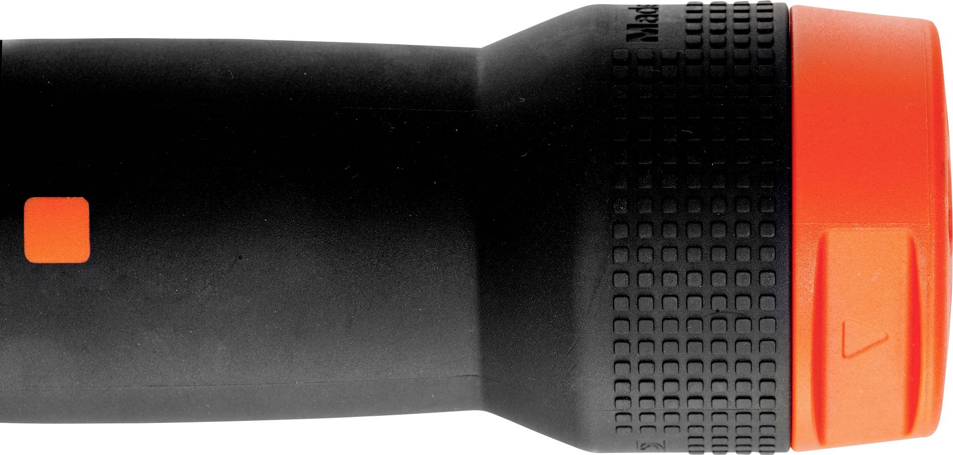 Schwarze Taschenlampe mit rotem Kopfteil und strukturiertem Griff für sicheren Halt. Ideal für Situationen mit wenig Licht.