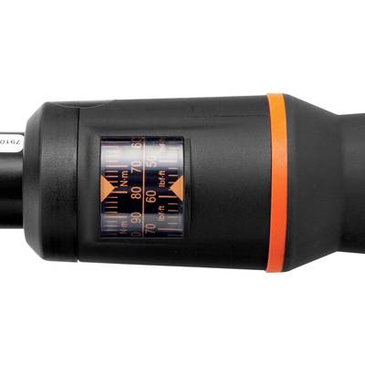 Drehmomentschlüssel mit orangefarbenen Markierungen zeigt Messskalen in Newtonmeter und Pfundfuß an.