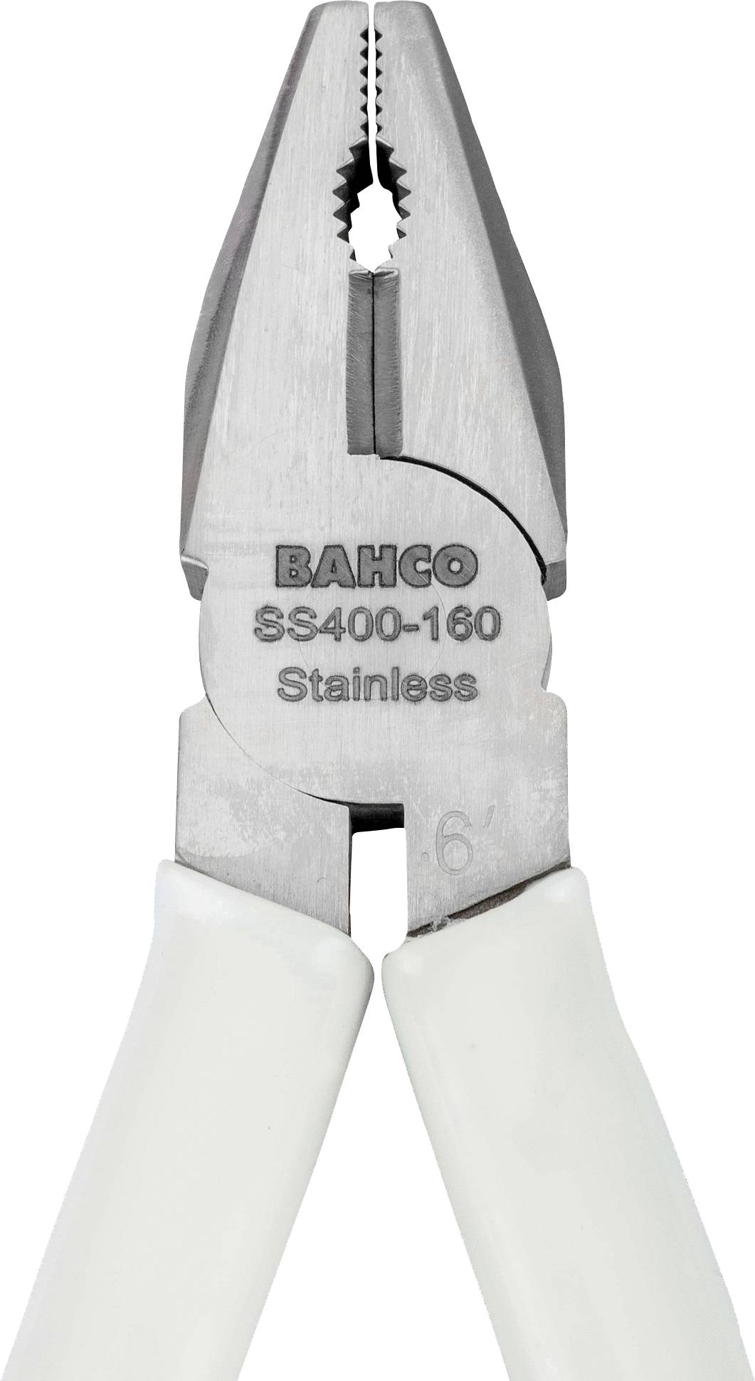 Eine silberne Kombizange mit weißen Griffen, auf der 'Bahco SS400-160 Stainless' steht.