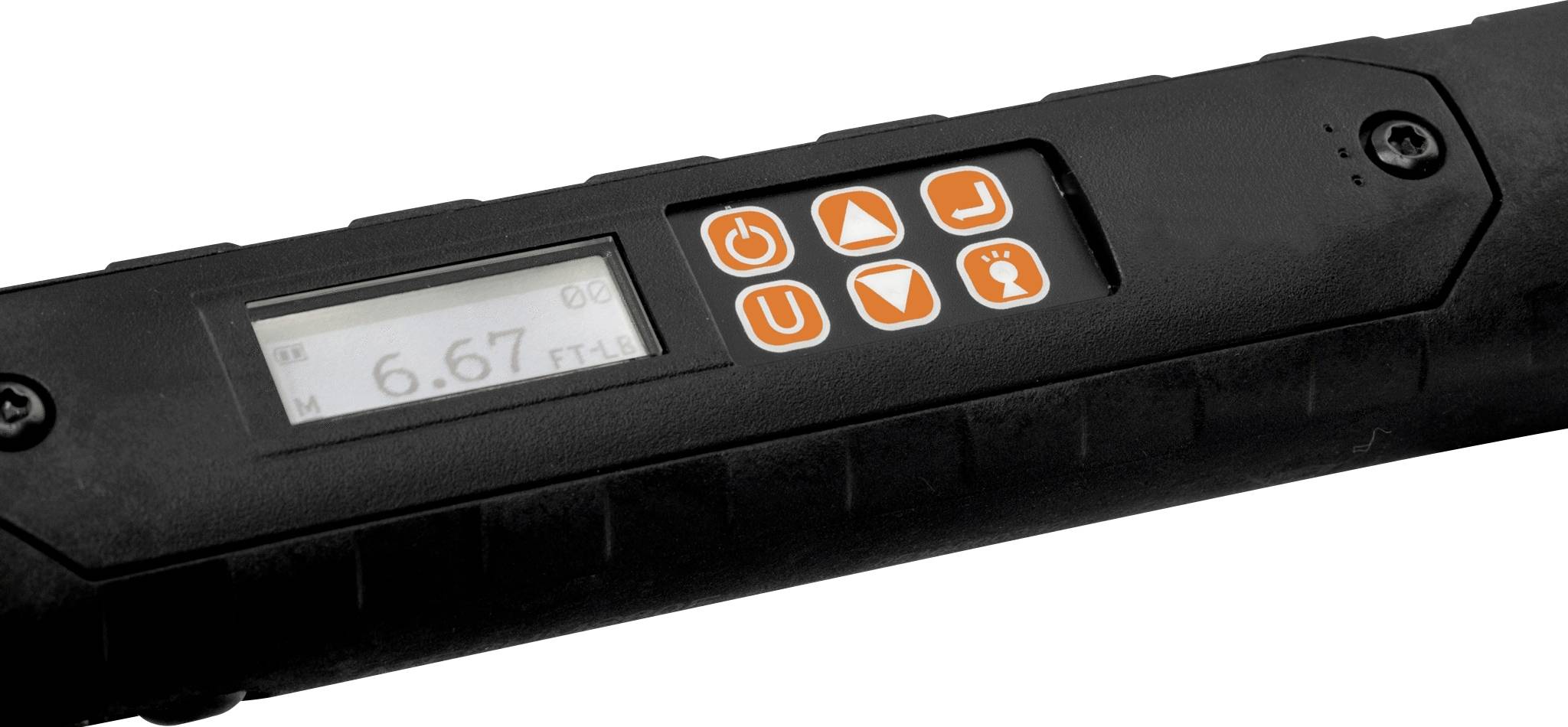 Nahaufnahme einer digitalen Anzeige mit Knöpfen am Gerät. Der Bildschirm zeigt '6.67'. Orangefarbene Tasten in Dreiecks- und Kraftsymbolformen.