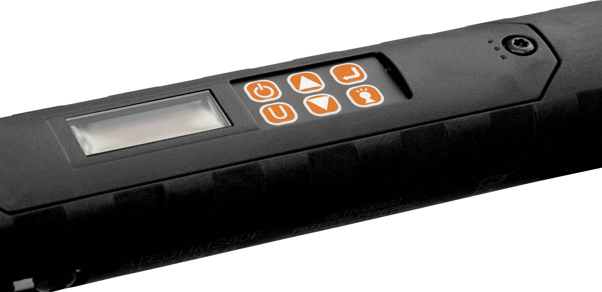 Ein schwarzes elektronisches Gerät mit einer Tastenfläche und einem Display; vermutlich ein Handgerät zur Steuerung oder Messung.