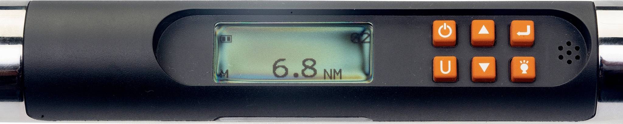 Digitales Gerät mit Bildschirm zeigt '6,8 Nm'. Rechts befinden sich orangefarbene Bedientasten mit Symbolen für verschiedene Funktionen.