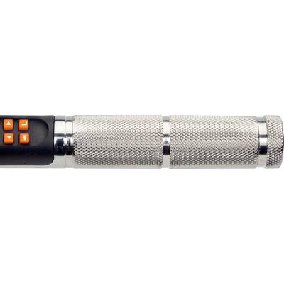 Metallische Taschenlampengriff mit strukturiertem, rutschfestem Design und vier orangen Tasten für die Bedienung.