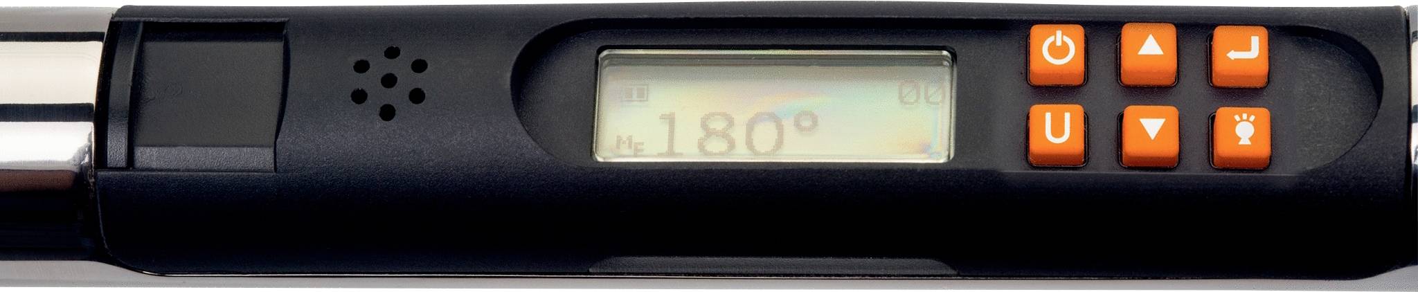 Ein Schwarz-Weiß-Glätteisen mit einem digitalen Display, das '180°' anzeigt. Daneben befinden sich orangefarbene Bedientasten.