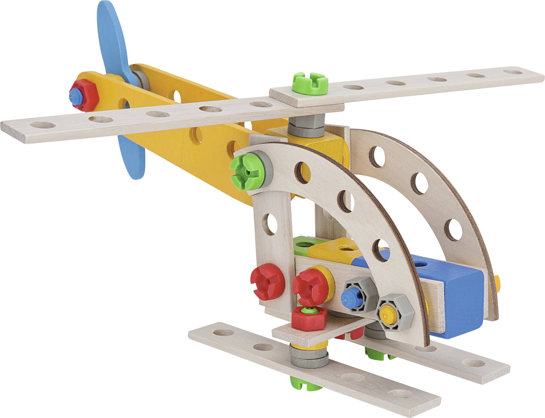 Ein bunter Spielzeughubschrauber aus Holz und Plastik, konstruiert aus verschiedenen Bauteilen und Schrauben, mit einem blauen Propeller.