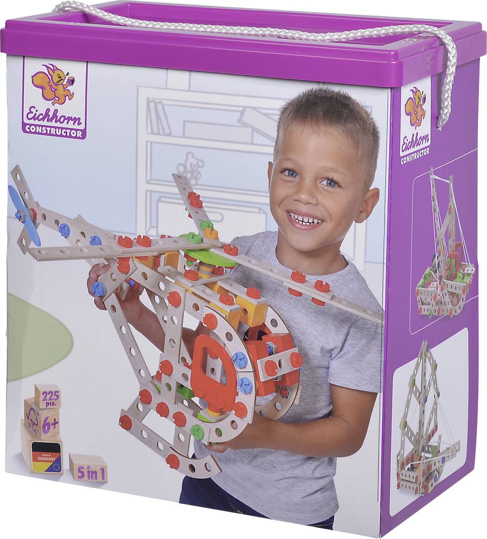 Dřevěná stavebnice Eichhorn Constructor počet dílů: 225 počet modelů: 5 Věkové kategorie: od 6 let