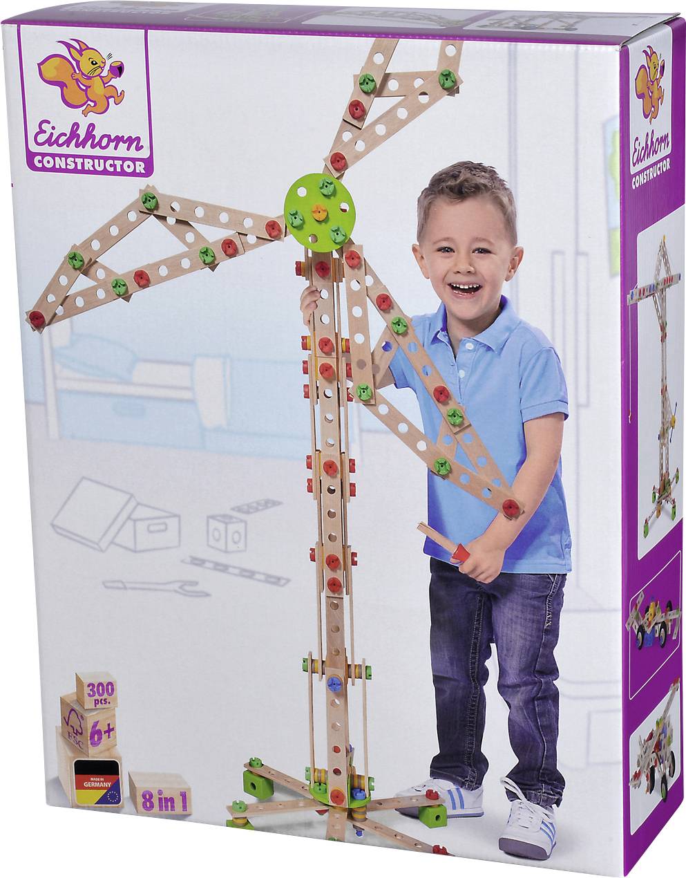 Dřevěná stavebnice Eichhorn Constructor počet dílů: 300 počet modelů: 8 Věkové kategorie: od 6 let