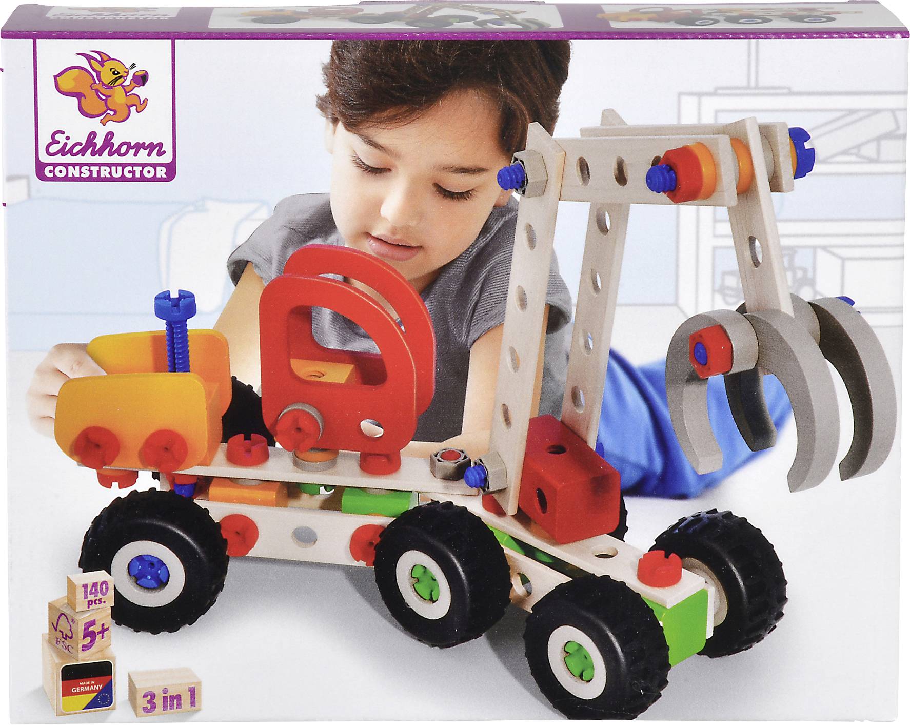 Dřevěná stavebnice Eichhorn Constructor počet dílů: 140 počet modelů: 3 Věkové kategorie: od 5 let