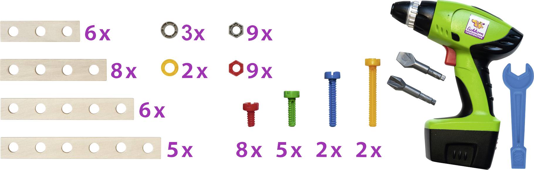 Spielzeug-Set mit Bohrmaschine, Schraubenschlüssel, Schrauben, Muttern und Holzlatten mit Löchern. Enthält Mengenangaben.