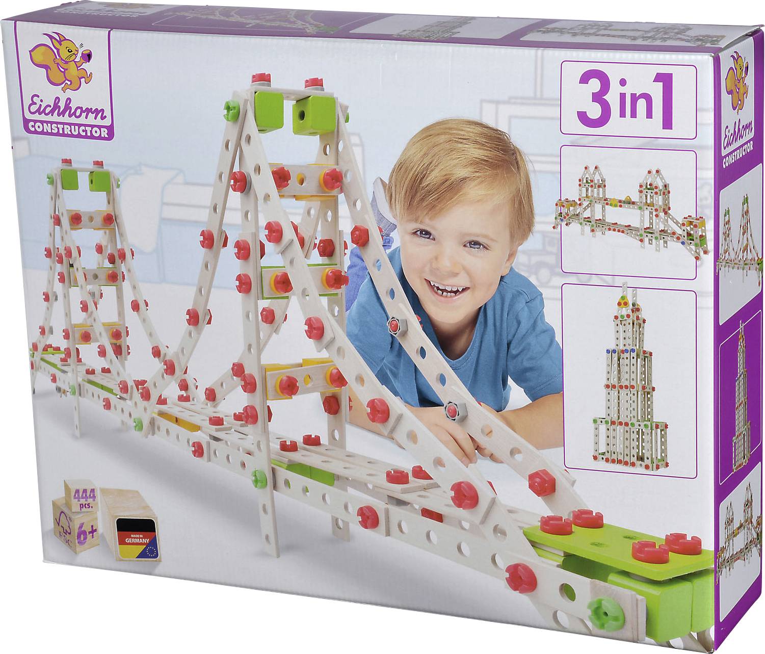 Dřevěná stavebnice Eichhorn Constructor počet dílů: 444 počet modelů: 3 Věkové kategorie: od 6 let