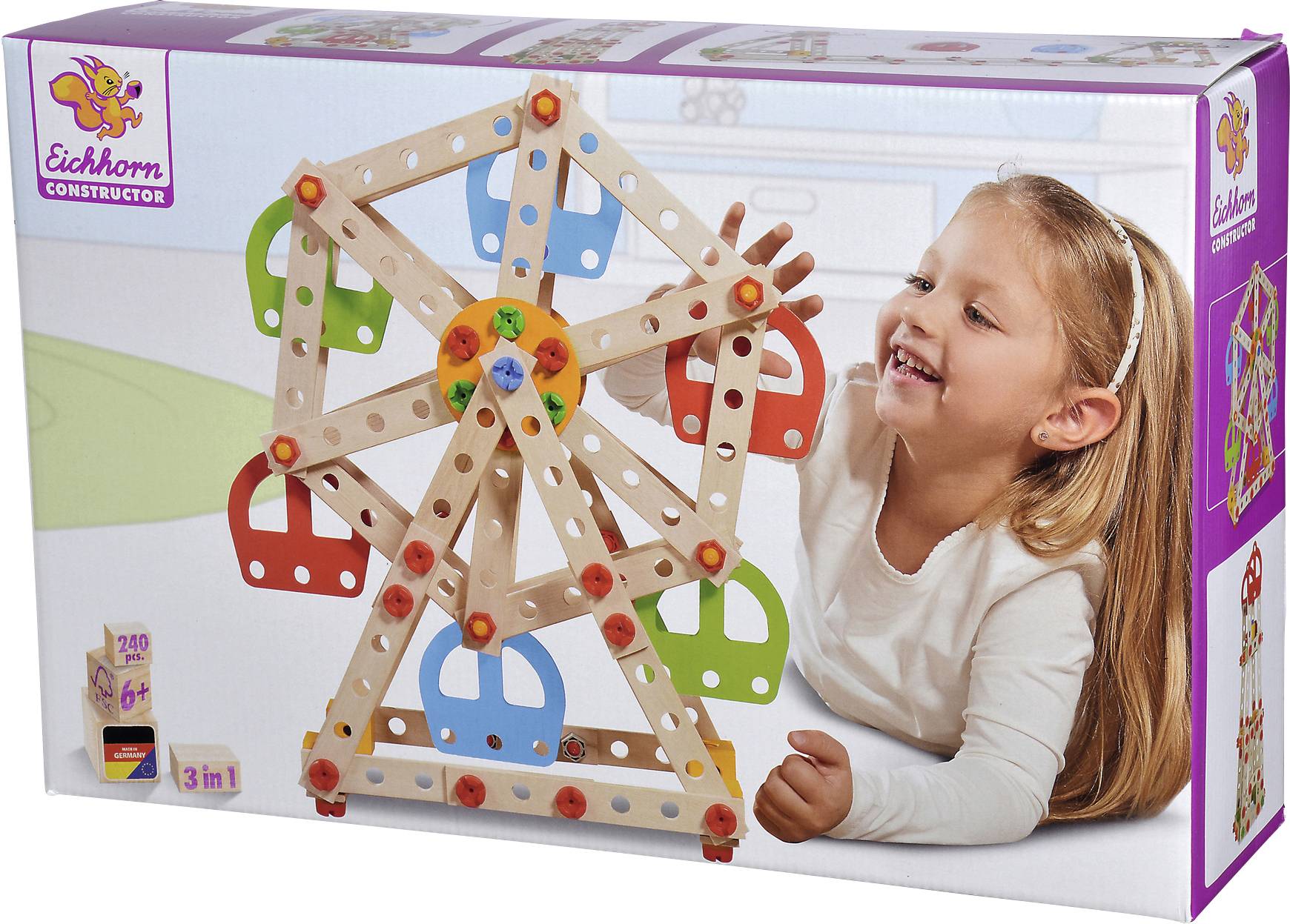 Dřevěná stavebnice Eichhorn Constructor počet dílů: 240 počet modelů: 3 Věkové kategorie: od 6 let