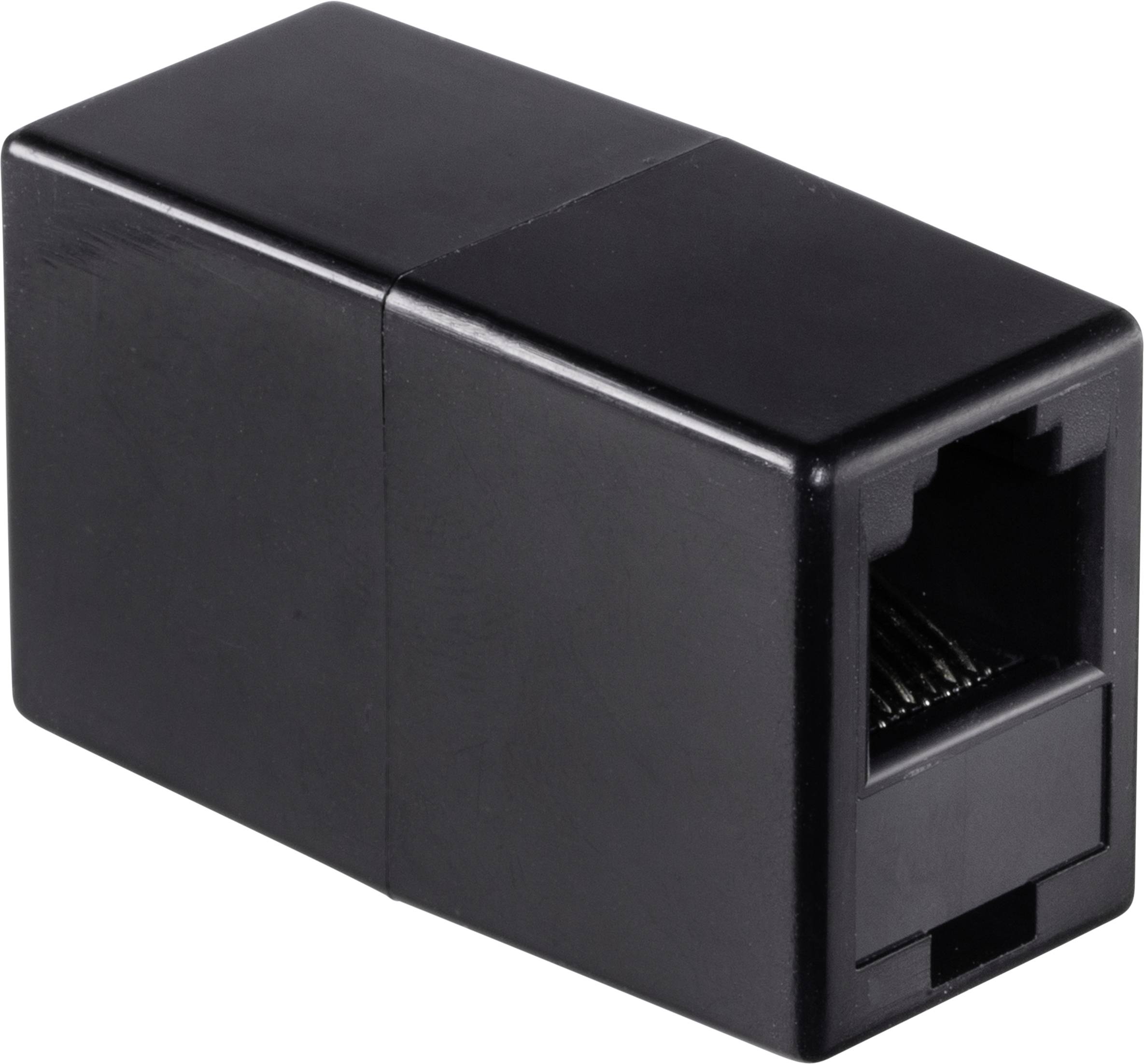Schwarzer RJ45-Netzwerk-Koppler, dient zur Verbindung zweier Ethernet-Kabel.