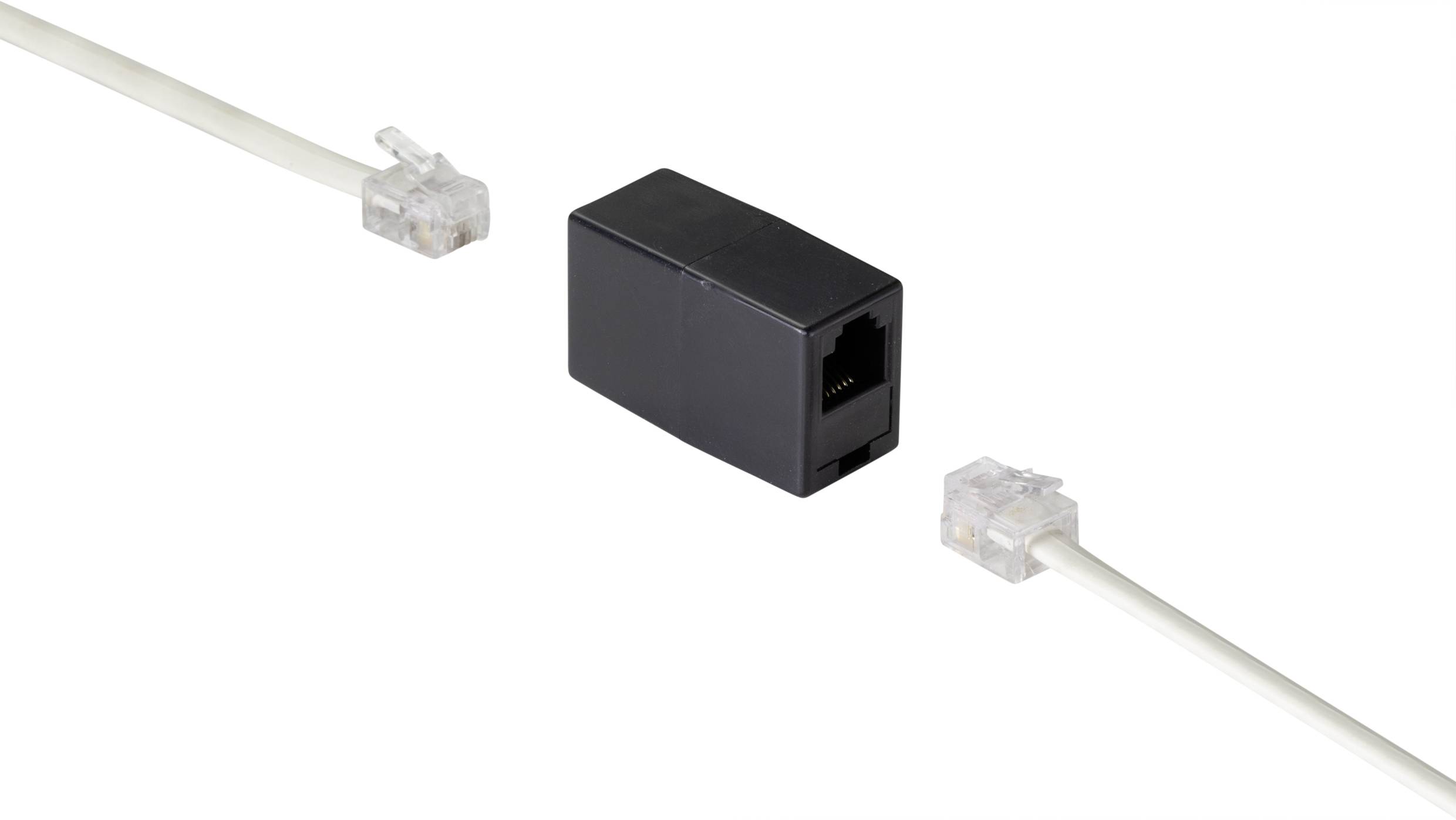 'Zwei Telefonkabel mit RJ11-Steckern, verbunden durch einen schwarzen Adapter in der Mitte. Adapter hilft bei der Verlängerung der Kabel.'