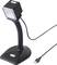 Ein schwarzer USB-Barcode-Scanner mit flexiblem Hals und Standfuß, ideal zum Scannen von Produkten am Schalter oder im Lager.