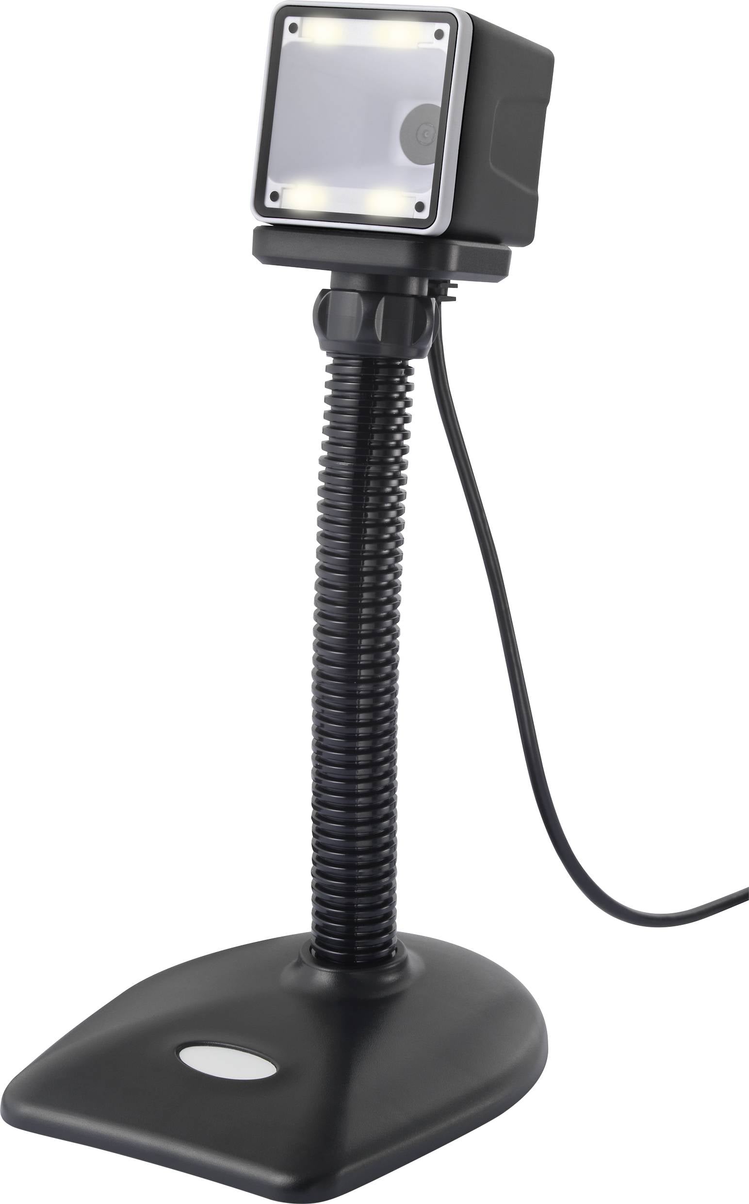 Ein schwarzer Barcode-Scanner steht aufrecht auf einem flexiblen Ständer.