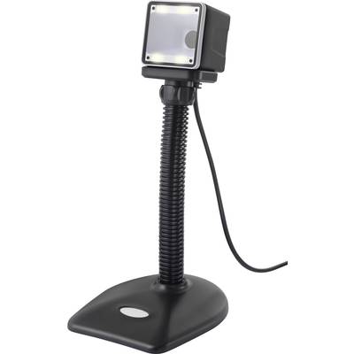 Ein schwarzer Barcode-Scanner steht aufrecht auf einem flexiblen Ständer.