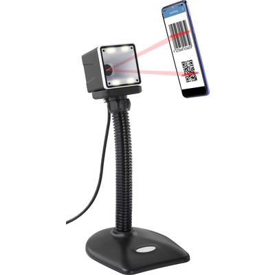 Ein Barcodescanner erfasst den Barcode eines Smartphones. Der Bildschirm zeigt 'Scanning' und die Barcode-Nummer '123456-543210'.