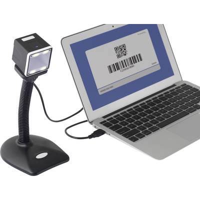 Ein Barcode-Scanner ist mit einem Laptop verbunden, auf dessen Bildschirm ein Barcode samt Nummer angezeigt wird.