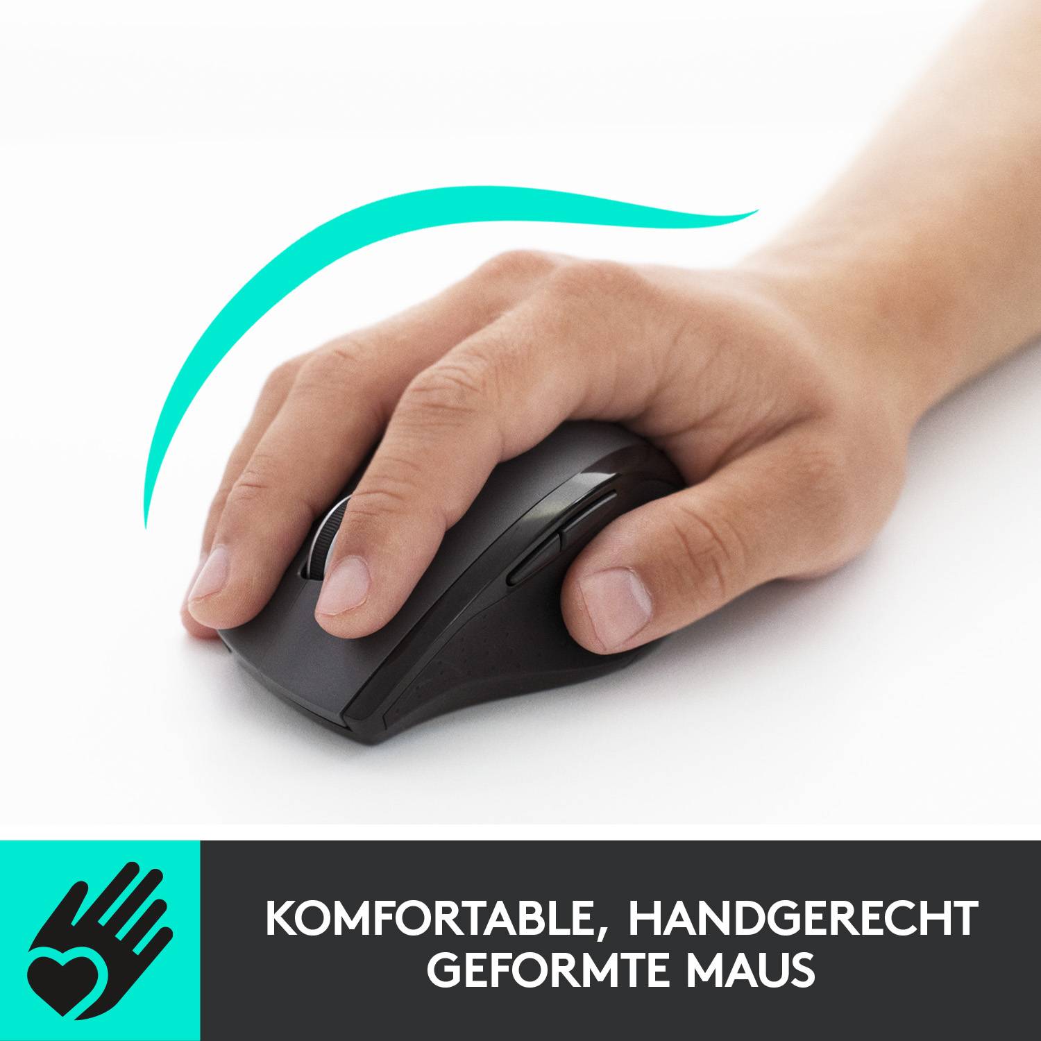 Hand hält ergonomische Maus, mit Werbebotschaft 'Komfortable, handgerecht geformte Maus'.