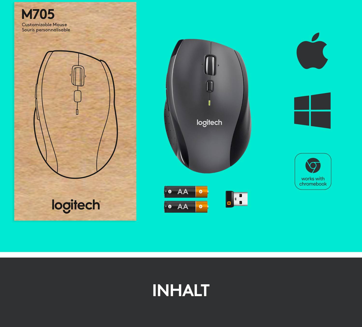 'Logitech M705 Maus mit Verpackung, USB-Empfänger und zwei AA-Batterien. Kompatibel mit Apple, Windows und Chromebook.'