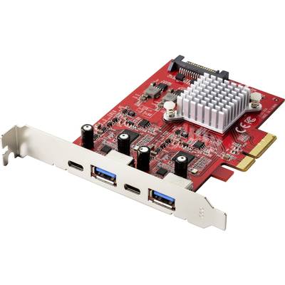 Eine rote PCI-Express-Erweiterungskarte mit Kühlkörper und mehreren Anschlüssen, darunter zwei USB-Anschlüsse, für Computer.