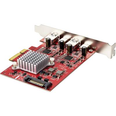 Rote Erweiterungskarte mit Kühlkörper, drei USB-Anschlüssen und PCIe-Steckplatz. Dient zur Erweiterung von Computerfunktionen.