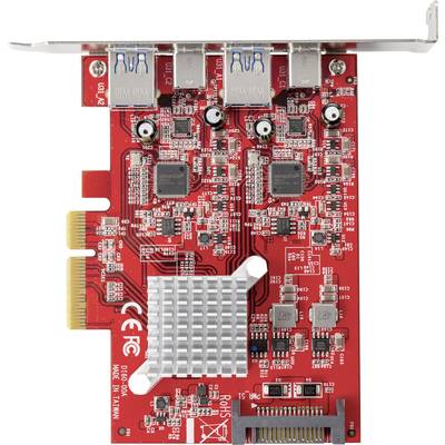 Rote Erweiterungskarte mit zwei Ethernet-Ports und mehrlagiger Schaltung. Rückseite von zwei ICs und vielfältige elektronische Komponenten sichtbar.