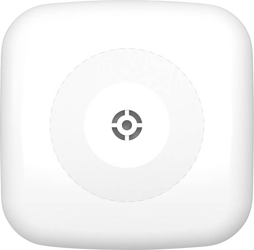Ein weißes quadratisches Gerät mit abgerundeten Kanten und einem kreisförmigen Symbol in der Mitte.
