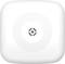 Ein weißes quadratisches Gerät mit abgerundeten Kanten und einem kreisförmigen Symbol in der Mitte.
