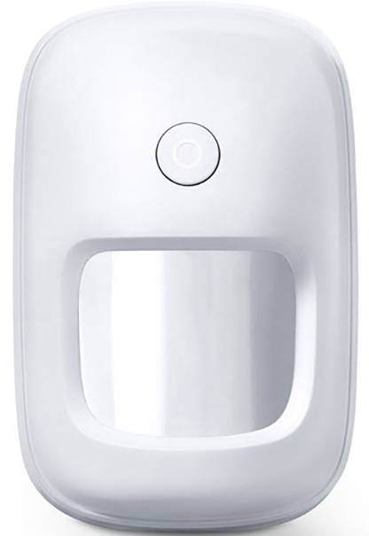 Ein weißer Bewegungssensor mit kreisförmigem Knopf oben, geeignet für die Überwachung von Räumen oder Eingängen.
