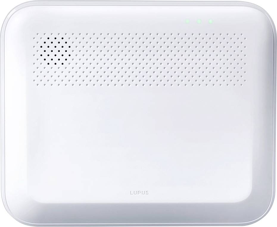 Ein weißes elektronisches Gerät mit Lüftungsschlitzen und drei kleinen grünen Lichtern oben rechts.