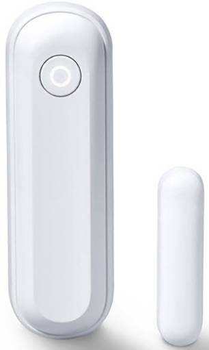 Ein weißer, rechteckiger Sensor mit abgerundeten Ecken und einem kreisförmigen Knopf. Teil eines Smart-Home-Sicherheitssystems.