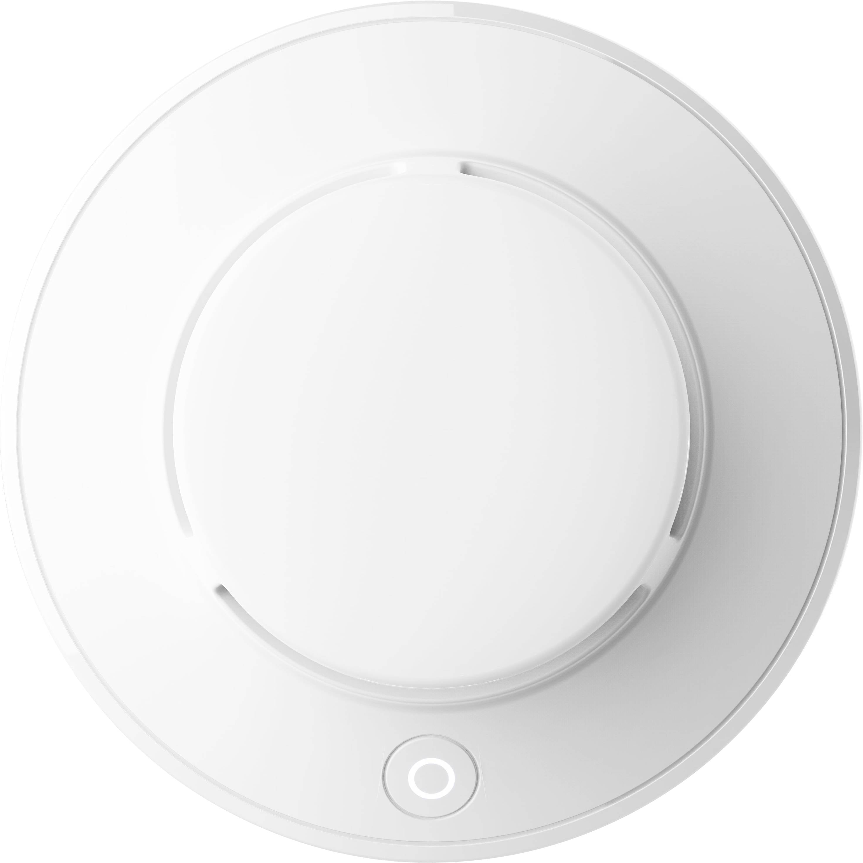 Ein weißer Rauchmelder mit einem zentralen Sensor und einer kleinen, kreisförmigen Testtaste unten.