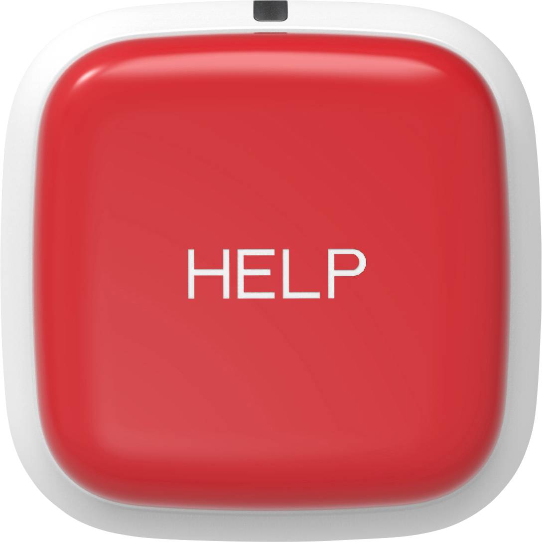 Roter quadratischer Knopf mit weißem Rand und dem Wort 'HELP' in der Mitte.