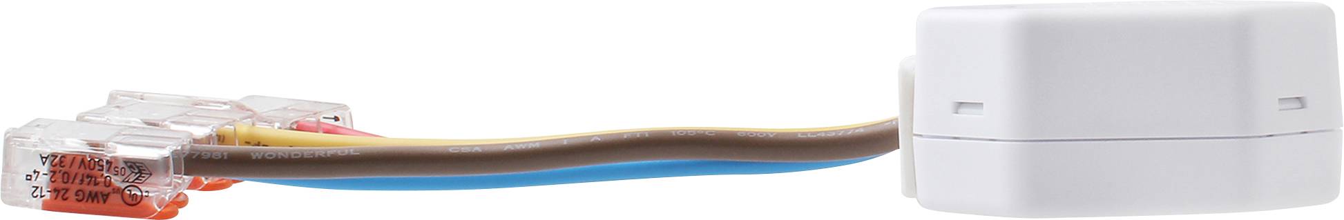 Ein elektrischer Steckverbinder mit mehreren Kabeln in Braun, Blau und Rot, der in ein weißes Kunststoffgehäuse eingeführt ist.