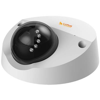 Überwachungskamera in weißem Gehäuse mit dunkler Kuppel und LED-Leuchten, geeignet für Innen- und Außenüberwachung.