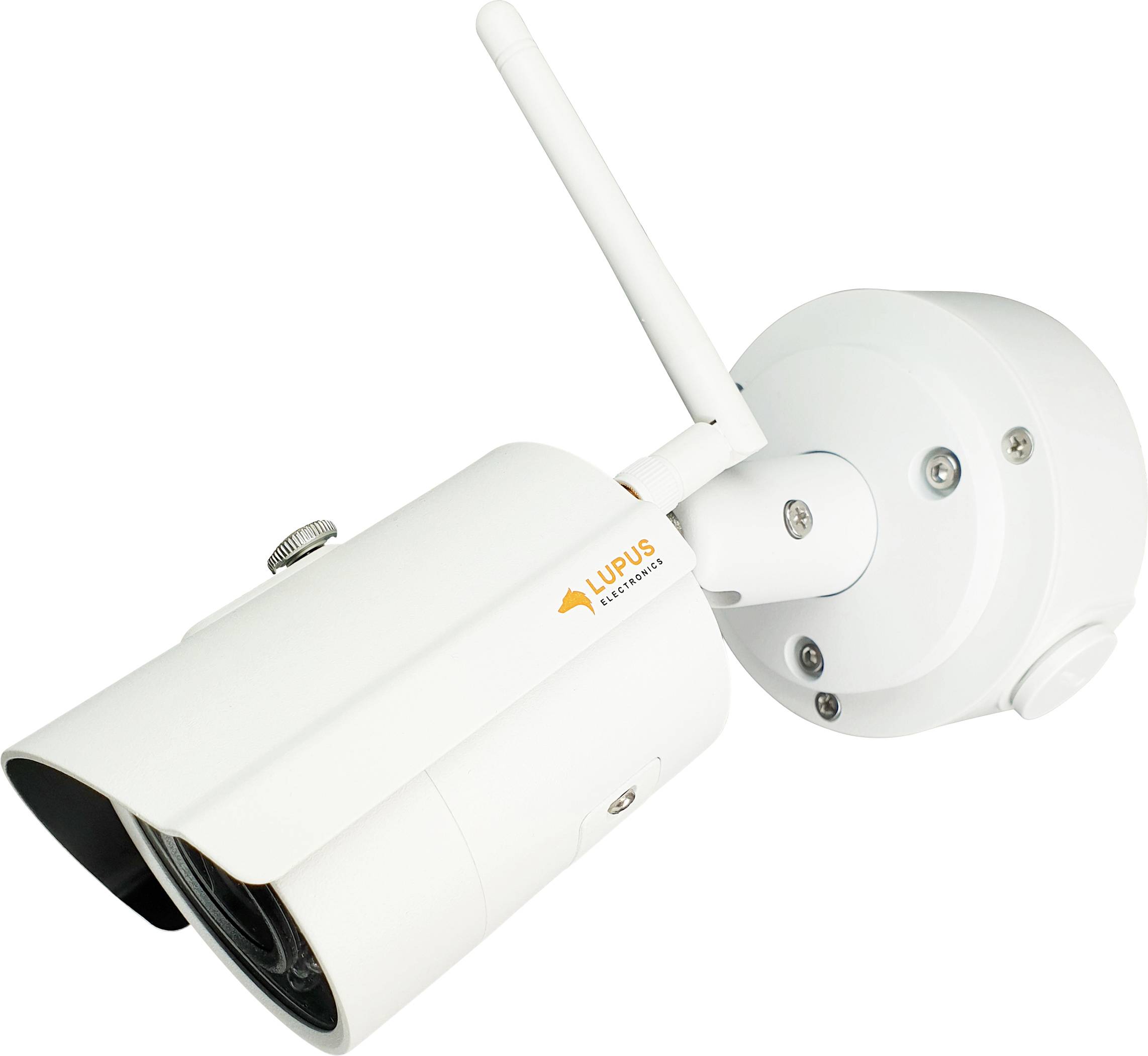 Weiße Sicherheitskamera mit WLAN-Antenne, die an einer Wandhalterung montiert ist. Geeignet für Überwachungszwecke im Innen- und Außenbereich.