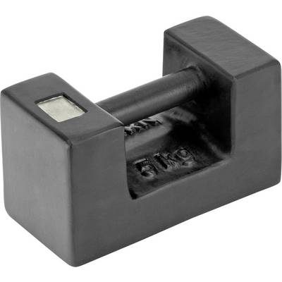 Ein schwarzes Prüfgewicht mit der Aufschrift '5 kg', verwendet zur Kalibrierung und Genauigkeitstests in Laboren und industriellen Anwendungen.
