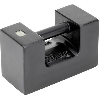 Schwarzes Metallgewicht mit einer Gravur '20 kg' an der Seite, rechteckige Form mit einem Griff in der Mitte zum Heben.